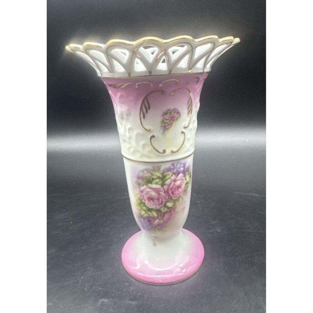 VTG Victoria's Garden Porcelain Pink Roses Gold Trim‎ Open Lace Top Vase 8”